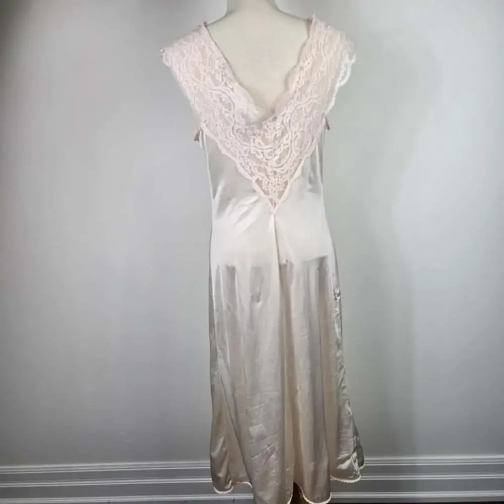 Vintage Pink Satin Nightgown Lace Midi Slip Dress Romantic Lingerie Small